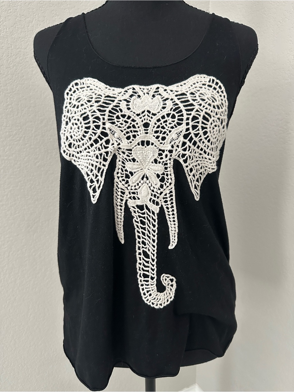 Black Tank with White Crochet Elephant